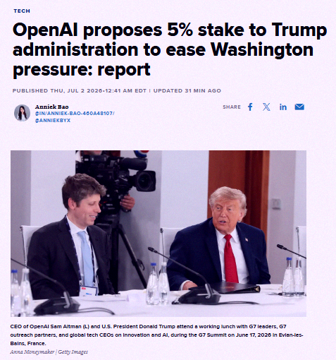 hbhitman's tweet photo. JUST IN 🚨: OpenAI may give 5% stake to Trump Administration 👀 Based on its recent valuation of $852 Billion, this would be worth just over $42 Billion 🤑 https://t.co/UIhWiU4CLj