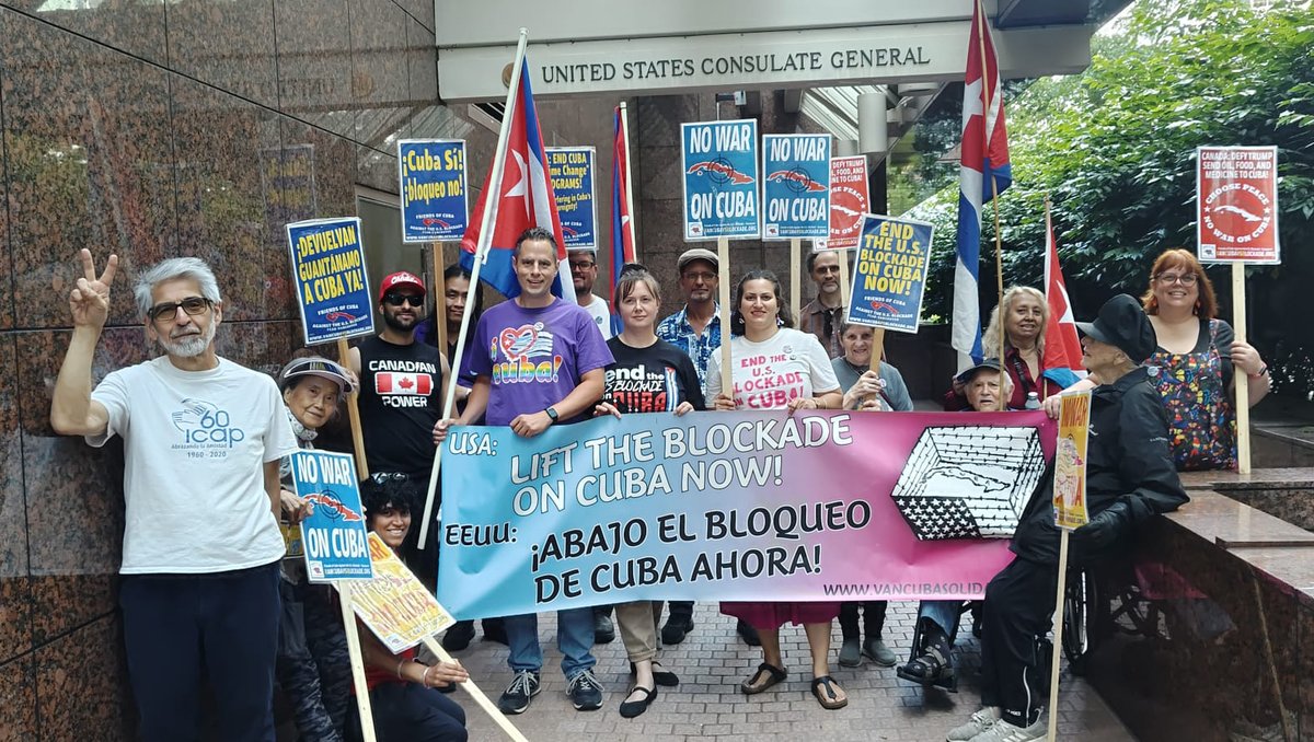 VanCuba_VCSC's tweet photo. Thanks to all who joined Vancouver's Monthly Car Caravan for Cuba & Picket at the U.S. Consulate on June 28! We Demand: #NoWarOnCuba #OffTheList #LetCubaLive #TumbaElBloqueo
🇨🇺🇨🇺 See you next month on July 26!
#Vanpoli #BCpoli #Cdnpoli #CubaPolicy #VanCuba https://t.co/PG2jQOZ4jV