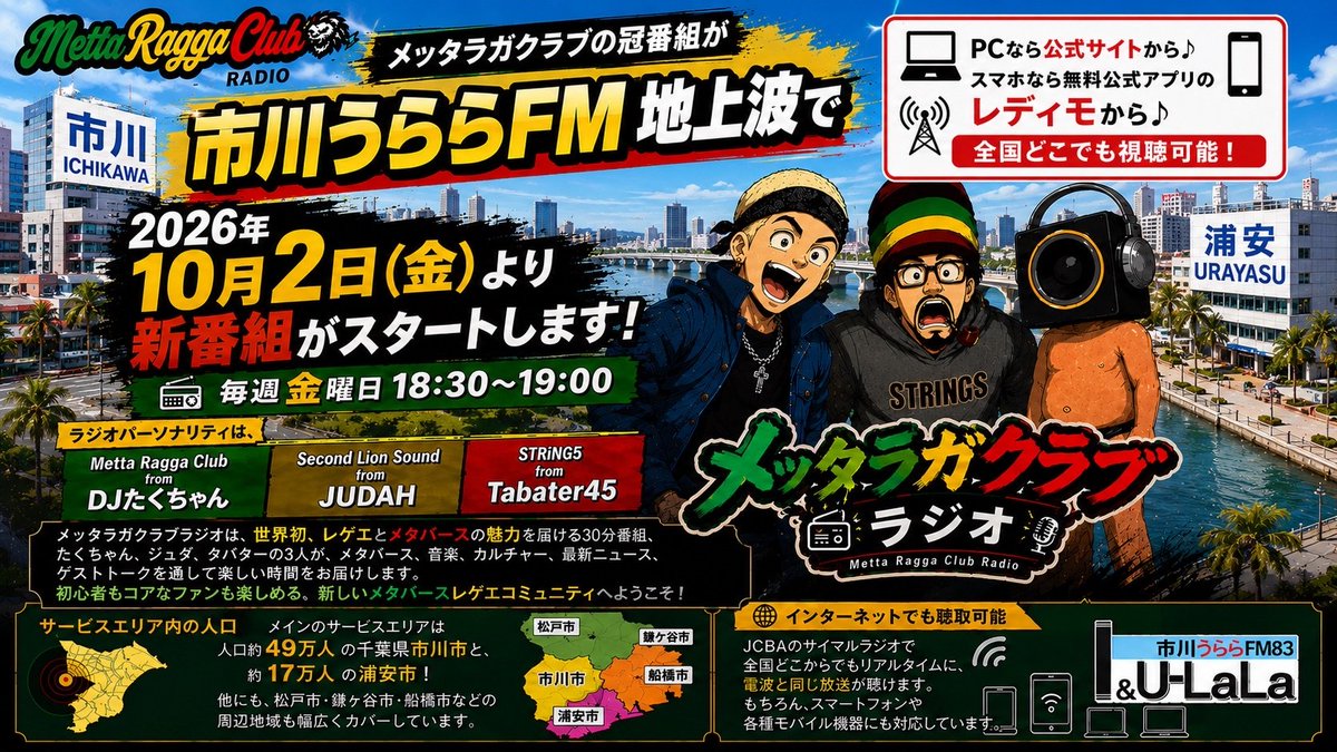 mettaraggaclub's tweet photo. 📻🎉重大発表🎉📻

2026年10月2日(金)より

METTA RAGGA CLUBの冠番組
「メッタラガクラブラジオ」 が
市川うららFM83.0📻 にてスタートします！

どうぞご期待ください！🙌

#メッタラガクラブ
#市川うららFM
#レゲエ
#メタバース https://t.co/ckGYbhhUJE