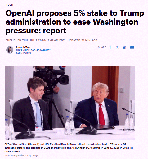 yuur_919's tweet photo. JUST IN 🚨: OpenAI may give 5% stake to Trump Administration 👀 Based on its recent valuation of $852 Billion, this would be worth just over $42 Billion 🤑 https://t.co/0Gs3idF4uL