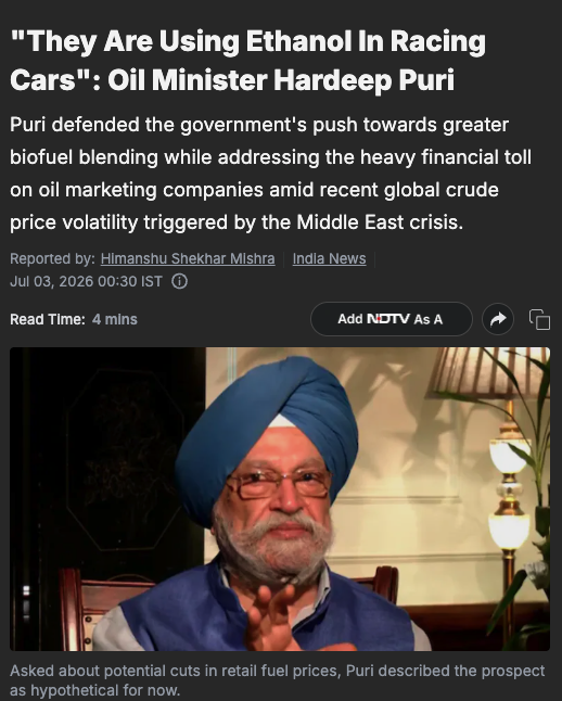 kapsology's tweet photo. Racing car engines are rebuilt after every race.

Do you suggest same for our cars?? @HardeepSPuri https://t.co/T9OBAA7aRG