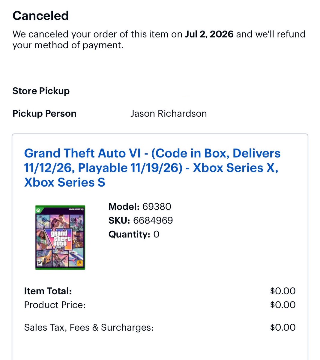 jasonGRIN's tweet photo. Pre-ordered @RockstarGames GTA VI before I realized it was just a code in a box, @BestBuy has since changed the item description to clarify that.  I never use @PlayStation online really anyway.  GTA will be bugged like crazy when it releases, I can wait. @PlayStation 🖕🏼🖕🏼 https://t.co/PUnmqypm2t