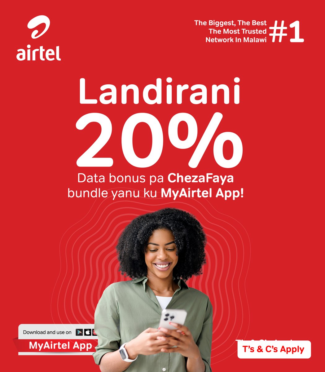 AirtelMalawiPlc's tweet photo. DATA IZICHULUKA MACHEZA AZIKOMA!

Gulani ChezaFaya bundle pa 𝗠𝘆𝗔𝗶𝗿𝘁𝗲𝗹 𝗔𝗽𝗽 https://t.co/3fl69J9Jbz ndikulandira 𝗖𝗛𝗜 𝟮𝟬% 𝗕𝗢𝗡𝗨𝗦 pa data yanu. 

#AirtelMalawi #ChezaFaya #DataBonus #MyAirtelApp #TheBiggestTheBestTheMostTrusted #TheFayaNeverStops🔥 https://t.co/LmEEeEXPaI