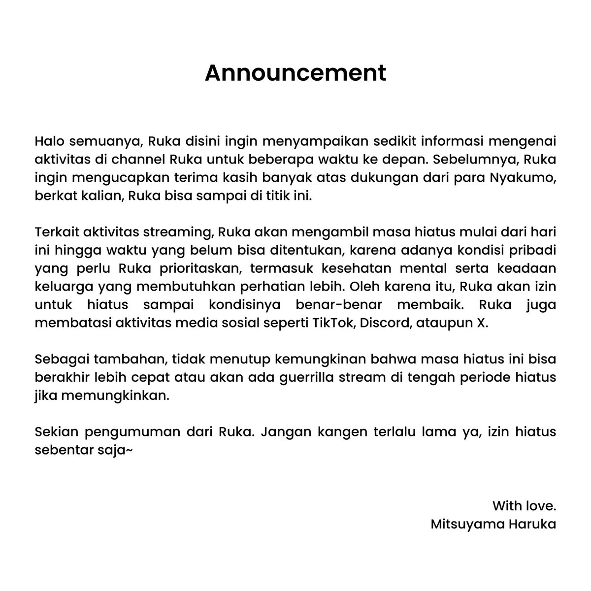 mitsuyamaharuka's tweet photo. ☁️ IMPORTANT ANNOUNCEMENT ☁️

Mitsuyama Haruka will be going on Indefinite Hiatus, and slow down streams soon.

This is not a good bye, it's a see you later! 💜 https://t.co/TOtUIzg0At