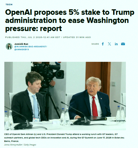 Salmon_sk2's tweet photo. JUST IN 🚨: OpenAI may give 5% stake to Trump Administration 👀 Based on its recent valuation of $852 Billion, this would be worth just over $42 Billion 🤑 https://t.co/MceTGbPSvj
