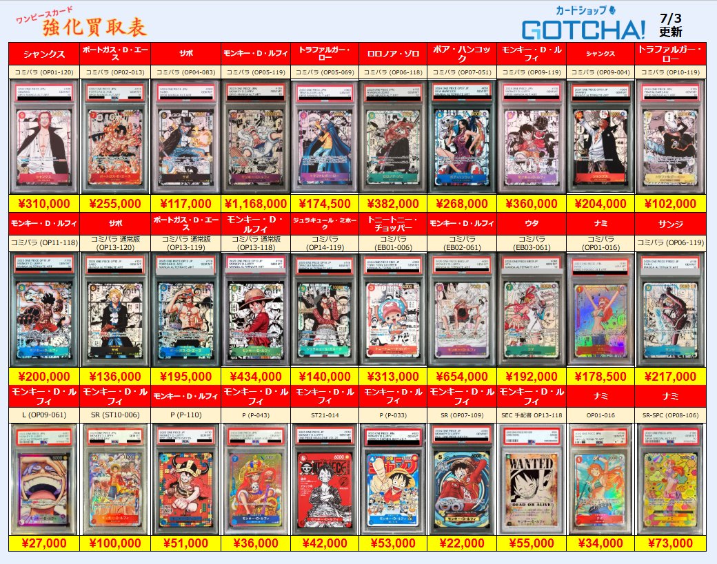 7/3更新 🚢ワンピースカードゲーム🌊 🏴‍☠️【PSA10 強化買取表