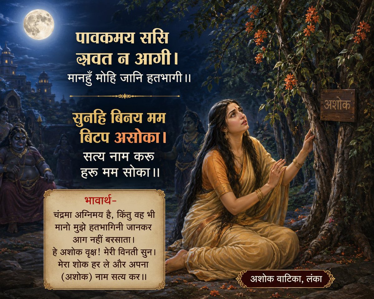 Ramlal's tweet photo. ॥सुंदर कांड॥

पावकमय ससि स्रवत न आगी। मानहुँ मोहि जानि हतभागी॥सुनहि बिनय मम बिटप असोका। सत्य नाम करु हरु मम सोका॥

भावार्थ-चंद्रमा अग्निमय है, किंतु वह भी मानो मुझे हतभागिनी जानकर आग नहीं बरसाता। हे अशोक वृक्ष! मेरी विनती सुन। मेरा शोक हर ले और अपना (अशोक) नाम सत्य कर॥

#RamCharitManas
#SundarKand
