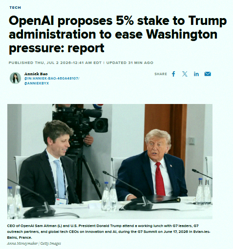 _mooOc's tweet photo. JUST IN 🚨: OpenAI may give 5% stake to Trump Administration 👀 Based on its recent valuation of $852 Billion, this would be worth just over $42 Billion 🤑 https://t.co/yVz6V3fNKJ