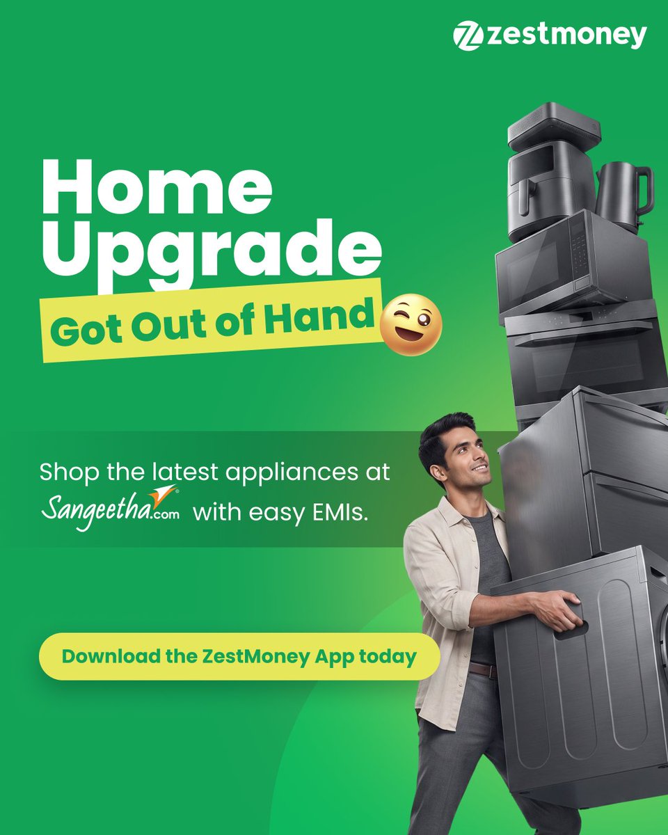 ZestMoney's tweet photo. One appliance entered the cart. 💚
A full home makeover followed. 😌🏠✨

No regrets.
Only upgrades.

Shop the latest appliances at Sangeetha Mobiles with easy EMIs on ZestMoney.

Download the ZestMoney App today: https://t.co/gJGwkPbQFv

#ZestMoney #SangeethaMobiles #EasyEMI https://t.co/N6YE9bRYgN