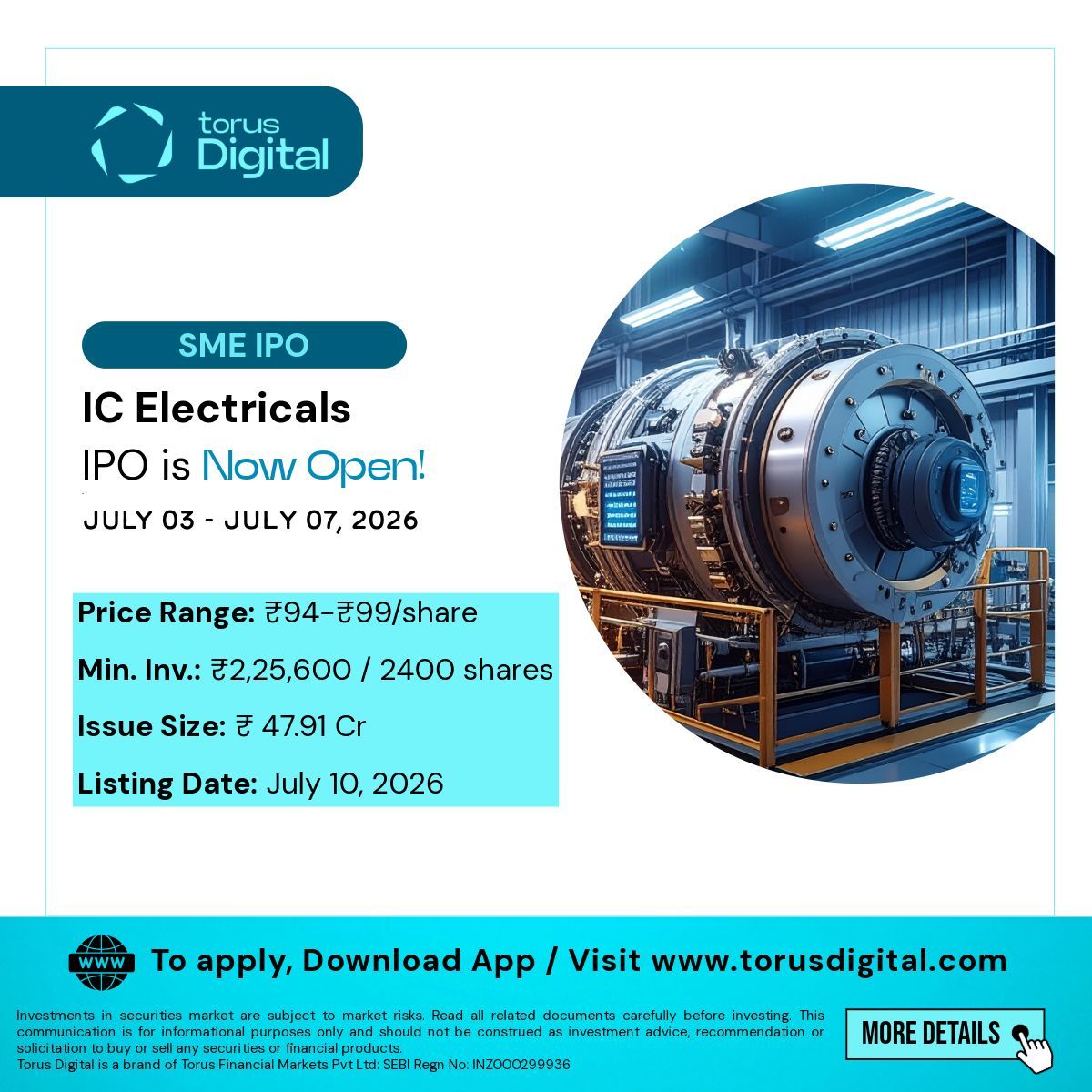 torus_digital's tweet photo. IC Electricals IPO Goes Live Today!

Planning to invest? Let us know.
Key Details: https://t.co/rjIdFeNwaC 

#IPO #UpcomingIPO #IPOInvestment #IPOAlert #IndianStockMarket #StockMarketIndia #Investing #Trading #ShareMarket #DalalStreet #SMEStocks #IPOUpdates #MarketNews #TorusDigital