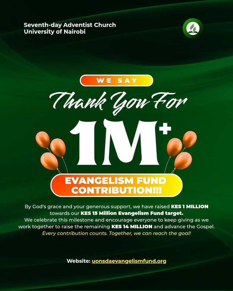 uonsda_org's tweet photo. 🎊 Praise God! ✨

We finally made it to the 1 Million mark🥳🥳

A big thank you to everyone who has contributed, prayed, and supported this mission. 🤝 

We still have KES 14 Million to go. Let's keep going—every contribution counts and by Gods grace we'll reach the goal💰 https://t.co/AT7sicASUA