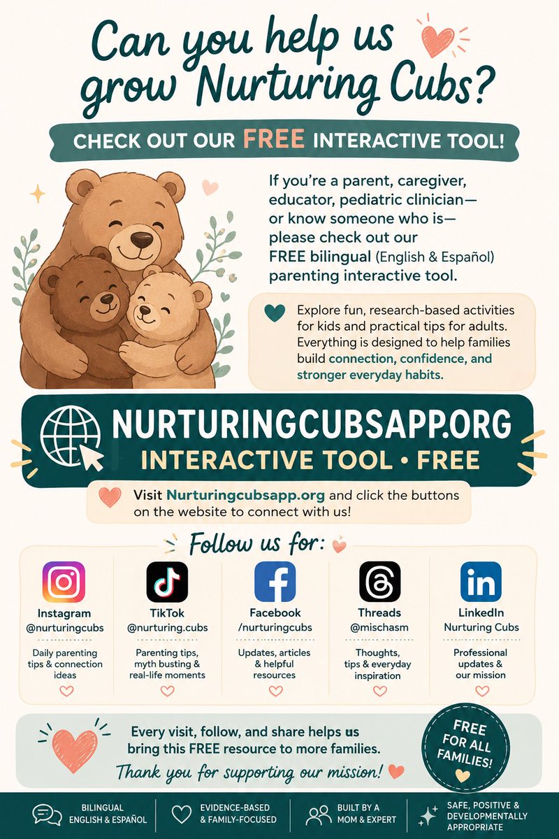 ThinkPossibleMM's tweet photo. A small favor 🤎 I created https://t.co/2NtGhUaUpd — a FREE bilingual parenting tool for everyday connection. Please visit, follow via the social buttons, and share with a parent or clinician 🧸❤️ https://t.co/bRUVtaKB9Z
