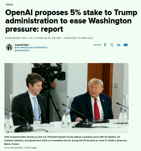 chikichoki's tweet photo. JUST IN 🚨: OpenAI may give 5% stake to Trump Administration 👀 Based on its recent valuation of $852 Billion, this would be worth just over $42 Billion 🤑 https://t.co/Crfw1Zciyv