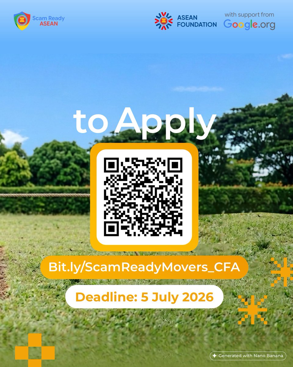aseanfoundation's tweet photo. โณ D-2 until the application deadline.
Every day, scammers pull people in with fake promises, urgent messages, and convincing stories.
It's time we pull back.
๐ Swipe to the next slide to see how to apply.
#ScamReadyMovers #ScamReadyASEAN #LearnPlayandProtectOneAnother https://t.co/KLN3UI1nz1
