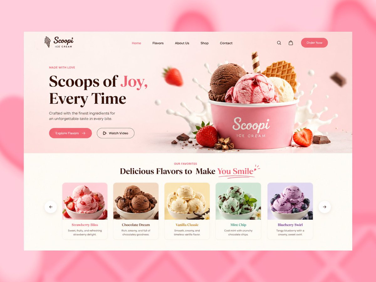 uixyeasin's tweet photo. 🍦Ice Cream Website Concept 🍓

A fresh UI exploration designed for a modern ice cream brand. I focused on creating a clean, playful, and premium landing page that captures the joy of every scoop.

#UIDesign #LandingPage #WebDesign #Framer #Figma #IceCream #UIUX #CreativeDesign https://t.co/k5Lqmz5tUq