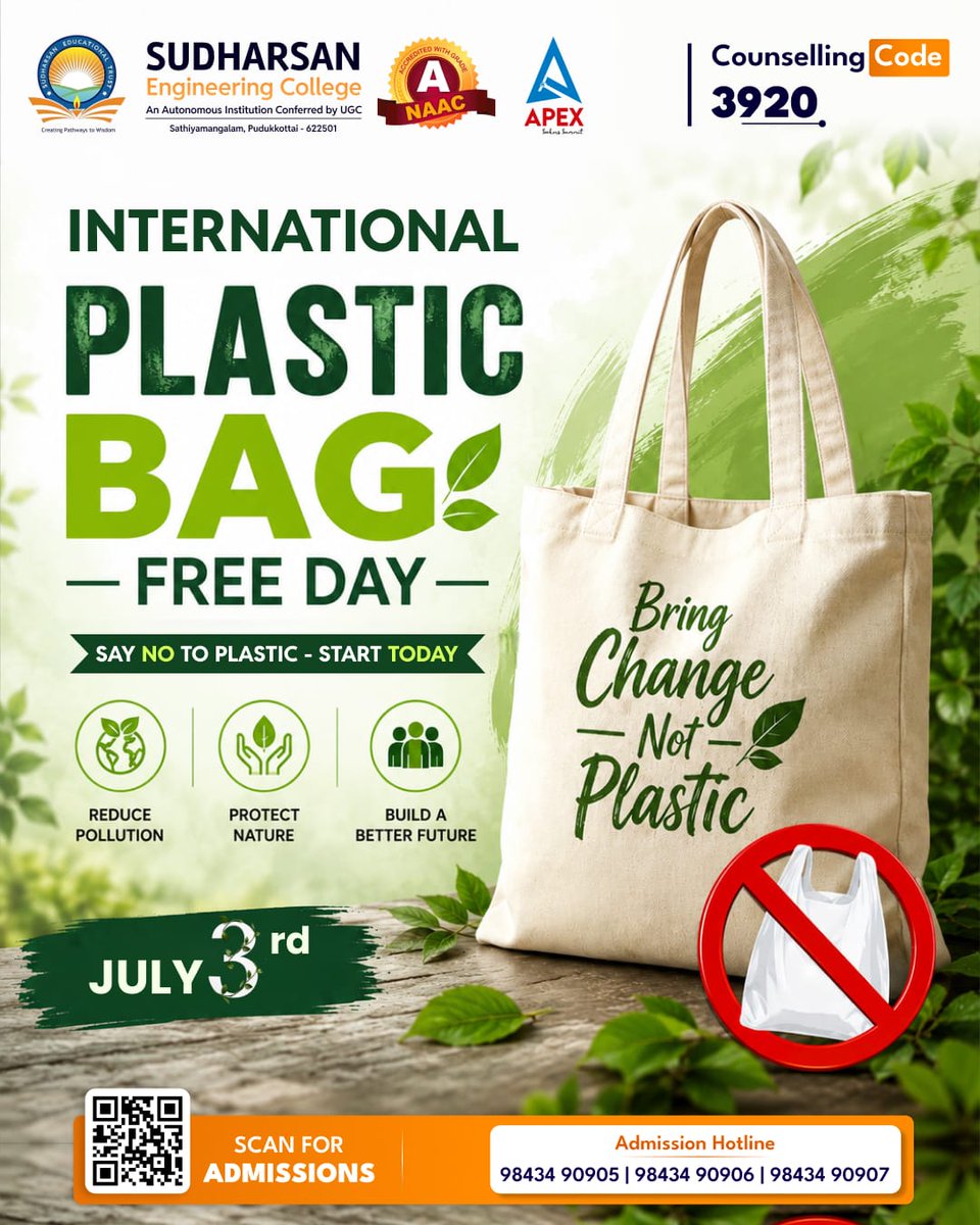 sudharsan_engg's tweet photo. ๐ This International Plastic Bag Free Day, we choose change over convenience.
At Sudharsan Engineering College, we believe engineers build more than structures โ we build a better future.
#PlasticBagFreeDay #Sustainability #EngineeringForGood #SudharsanEngineeringCollege https://t.co/d34z7bujui