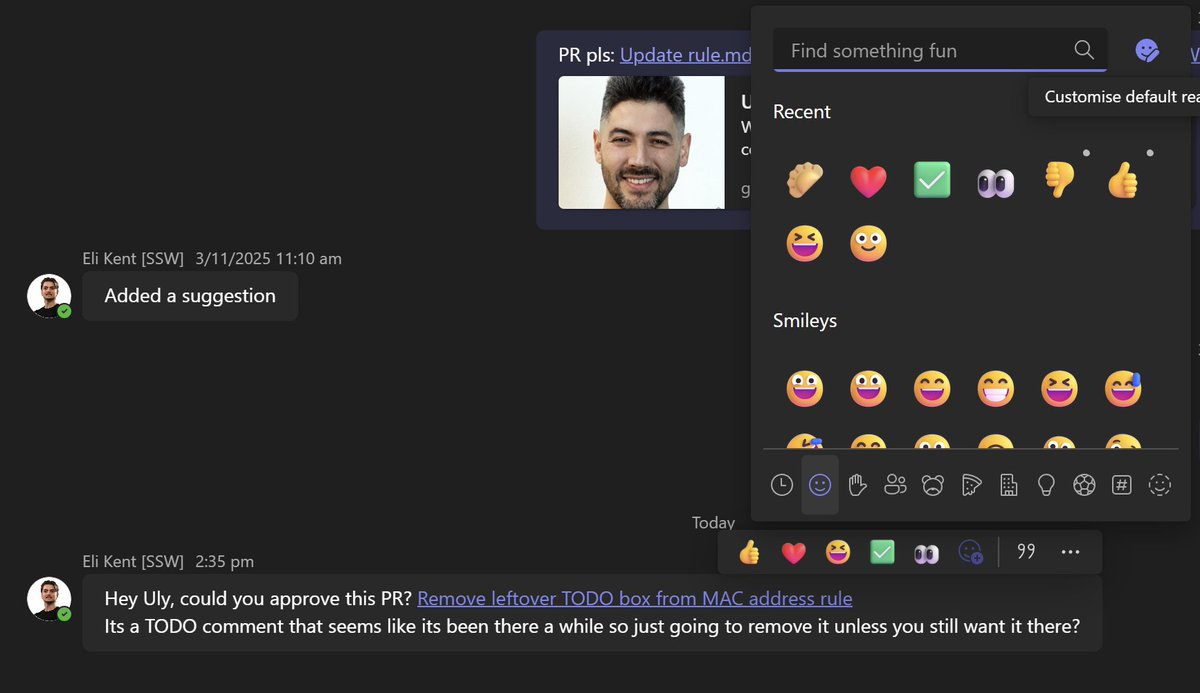 ulyssesmac's tweet photo. @AdamCogan Pro tip... add both of those Emojis tom your Teams "default reactions" https://t.co/rLLmXjOlNh