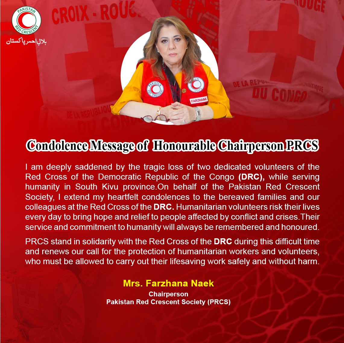 PRC_official's tweet photo. Honorable Chairperson PRCS, Mrs. Farzhana Naek, expresses her heartfelt condolences over the tragic loss of two dedicated volunteers of the Red Cross of the Democratic Republic of the Congo in South Kivu, and extends solidarity with their families during this difficult time. https://t.co/poHGEvBaTi