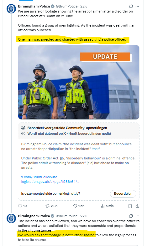 Mirjam152's tweet photo. Op 21 juni wordt een dronken blanke (jonge) jongen aangevallen door een aantal migranten. De politie arresteert het slachtoffer. En? Dit slachtoffer is nu aangeklaagd wegens mishandeling van een agent. Politie vraagt tevens om de video niet meer te delen en heeft natuurlijk de mogelijkheid om te antwoorden uitgezet. 

Absurd, ze hebben nu bewijs (video) dat ze de verkeerde man gearresteerd hebben, maar blijven volhouden dat ze goed gehandeld hebben. Levensgevaarlijk, de politie in de UK.