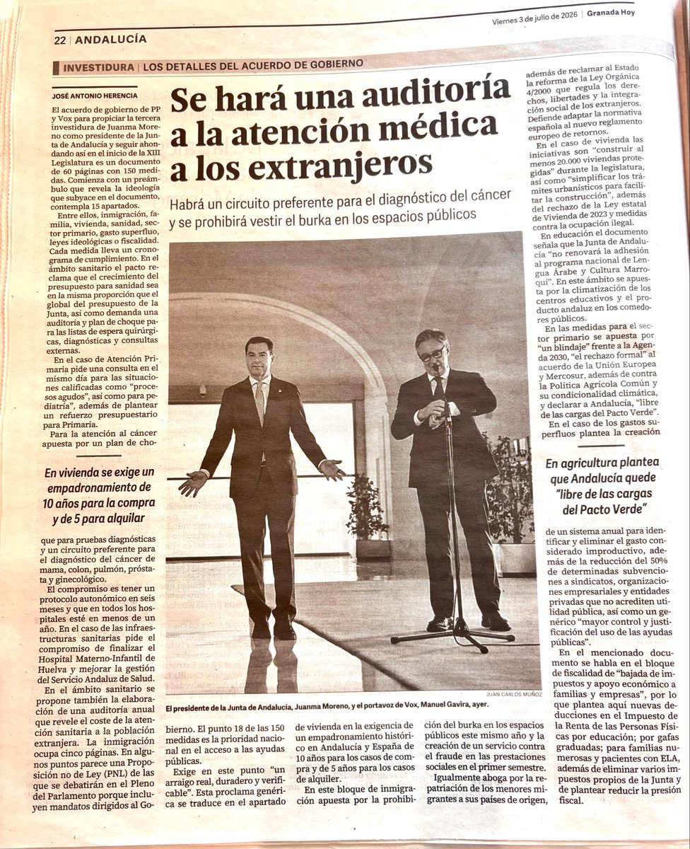 manolopezzi's tweet photo. La estrafalaria y extravagante ‘Prioridad Nacional’ pactada por PPMBonilla y VOXGavira en Andalucía incluye, entre una miscelánea de atrocidades, un apartado ⬇️⬇️por el que el emigrante/extranjero en situación irregular, recibirá prestaciones y servicios sociales, exclusivamente por supuestos de URGENCIA VITAL. ¿Te estás muriendo? No. Pues a la puta calle y si tienes una enfermedad contagiosa o no, te la llevas contigo al trabajo que hagas, a tu piso o al de la familia a la que limpias o cuidas. Avisa, cuando te estés muriendo. La deshumanización del PP de MBonilla.