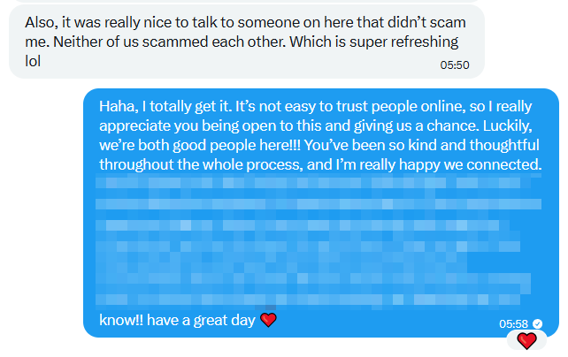 ViviAnntoys's tweet photo. Two strangers on the internet, both scared of getting scammed… and we both turned out to be real. Love conversations like this!!❤️ https://t.co/WFNbemu59l