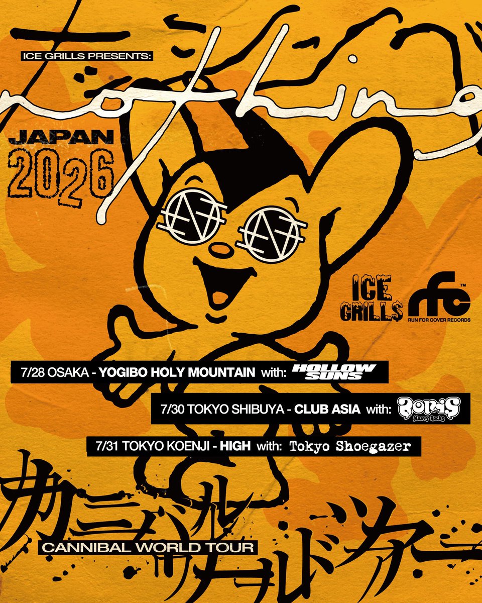 icegrillsjp's tweet photo. 【一般発売情報🎫】
明日10:00よりチケット一般発売開始！

NOTHING "CANNIBAL WORLD TOUR JAPAN 2026"

7/28 大阪YOGIBO HOLY MOUNTAIN w/ HOLLOW SUNS @HollowSuns

7/30 渋谷CLUB ASIA w/ BORIS @Borisheavyrocks

7/31 高円寺HIGH w/ Tokyo Shoegazer @h_hellrec 

https://t.co/juqzn6DM7i https://t.co/wHfJGSlhru