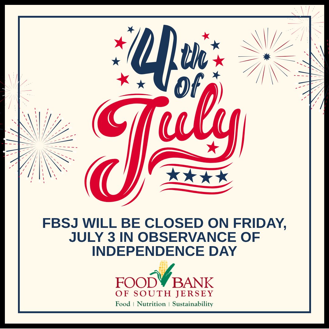 foodbankSJ's tweet photo. Our HQ will be closed Friday, July 3, in observance of Independence Day. We will reopen on Monday, July 6. Wishing everyone a safe and happy holiday weekend! 
🎆
If you are in need of food assistance, visit our Zip Code Locator at https://t.co/y1z2SVce0d. Please call a distribution before heading out, as schedules often change due to holidays.