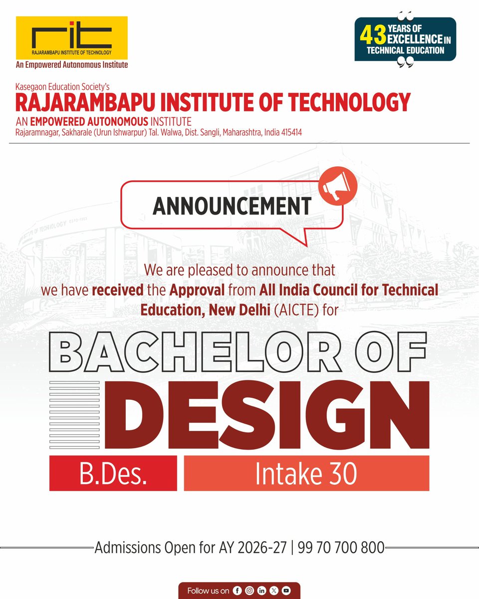 ritindia1983's tweet photo. We are proud to announce that Kasegaon Education Society’s Rajarambapu Institute of Technology has received AICTE Approval for the new Undergraduate Program – Bachelor of Design (B.Des.) for Academic Year 2026–27 with an intake of 30 students.
#BachelorOfDesign #BDes https://t.co/XoRtEfObSS