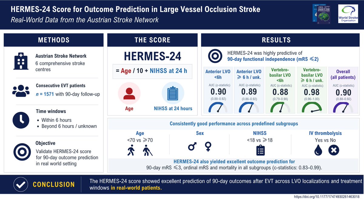 IntJStroke's tweet photo. ✅🔎HERMES-24 score shows excellent prediction of 90-day outcomes after EVT across LVO localization and treatment windows in real-world patients

Read more here! 👇
https://t.co/TQVBqSXBHO https://t.co/70W6Uj0dh9