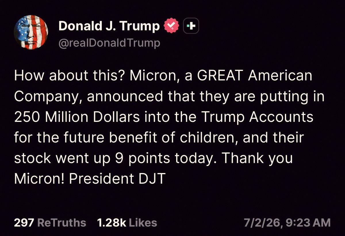 deanrich2's tweet photo. Just saw the news: Trump says Micron stock jumped 9 points after they announced a $250 million donation to his accounts 🚀 https://t.co/DLBKMUC1vg