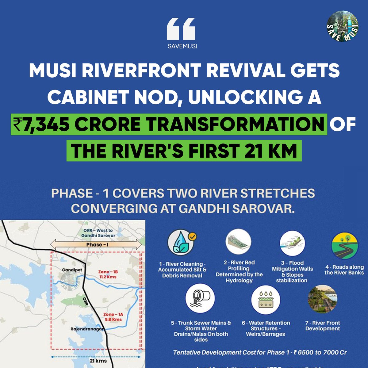 MusiRevival's tweet photo. Musi Riverfront Revival gets Cabinet nod! ₹7,345 crore has been approved for transforming the river's first 21 km with river cleaning, flood mitigation, sewer networks, roads, water retention structures, and vibrant riverfront development.

#MusiRiver #RiverfrontRevival https://t.co/bNGEVdzqrl
