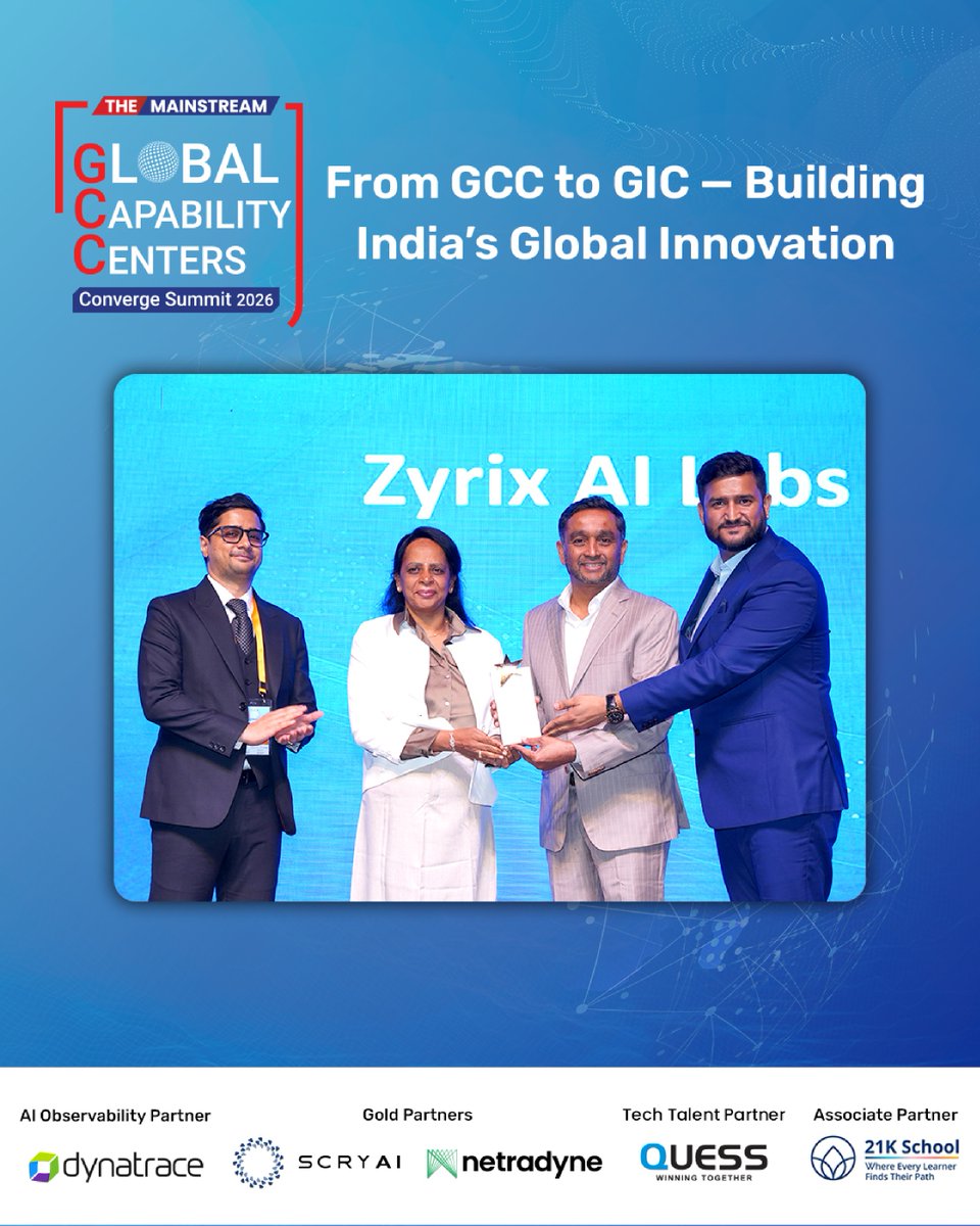 TheMainstream7's tweet photo. At GCC Converge Summit & Awards 2026, powered by #miniOrange & hosted by The Mainstream, #ZyrixAILabs was honored for their commitment to innovation, excellence and transformative leadership.
#TheMainstream #GCCConverge2026 #Awards #LeadershipExcellence #FromGCCtoGIC https://t.co/8mCyxbYHZD