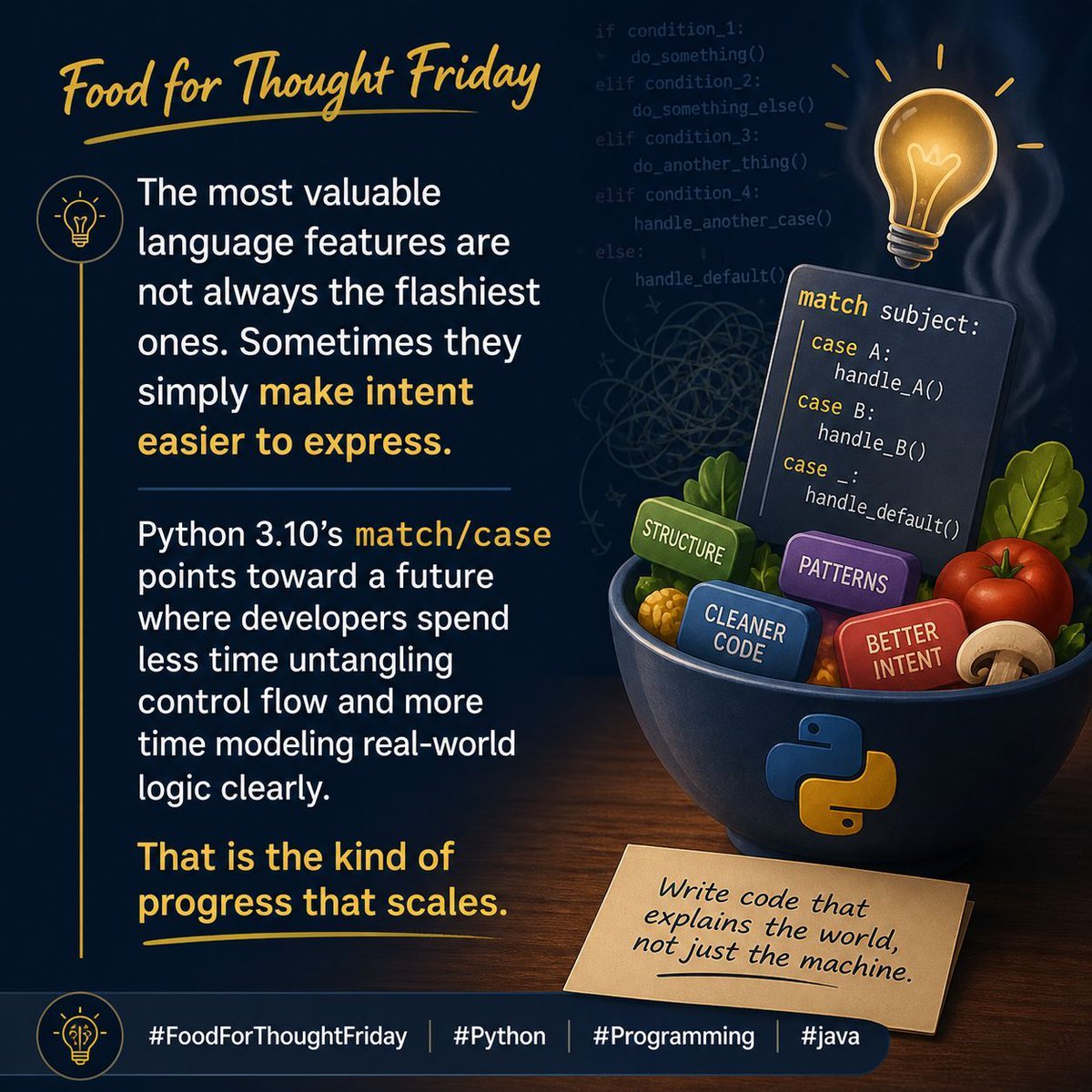 SpagCodeJungle's tweet photo. Food for Thought Friday
The best upgrades in programming are not always the loudest ones. Sometimes they simply make code easier to understand, maintain, and trust. Python 3.10’s match/case is a reminder that real progress often looks like clarity.
#FoodForThoughtFriday #Python https://t.co/dLSWaso4ay