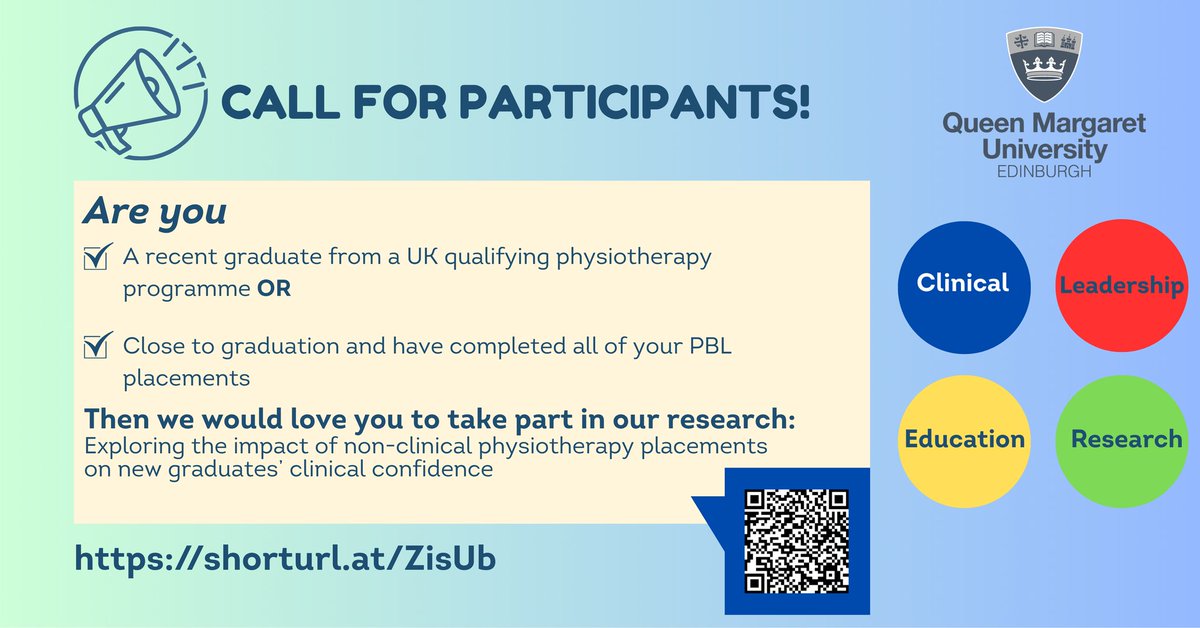 JanetThomas47's tweet photo. Calling all #physiotherapy #students graduating this summer from a UK based programme - please take part in our research 'Exploring the impact of non-clinical physiotherapy placements on new graduates’ clinical confidence 

https://t.co/hDvHOSmZGZ https://t.co/qk8UIvFQuQ