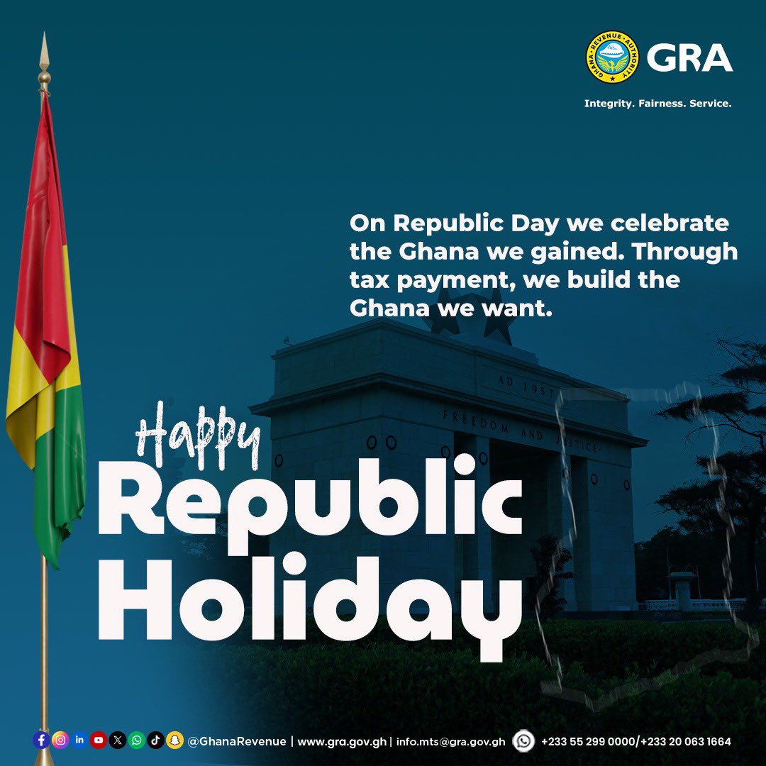 GhanaRevenue's tweet photo. In 1960, we said “we will run Ghana ourselves.”
Running a Republic means building roads, hospitals, schools, paying teachers, police, and soldiers without waiting on anyone else.
Tax is how citizens fund that freedom.
#RepublicDay #GhanaRepublicDay #July1st #66YearsRepublic #Ghana #GhanaianHeritage #TaxForDevelopment
#GhanaToTheWorld #Accra #Africa