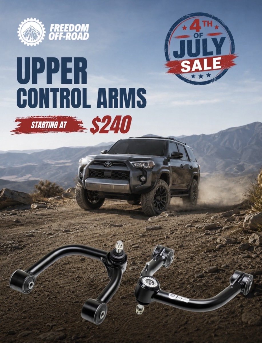 FREEDOMOFF_ROAD's tweet photo. 250 years of exploring the land of the free. 🇺🇸⛰️

Gear up for the next adventure with the Freedom Offroad America 250 Sale. Major savings on lift kits, control arms, and coilovers sitewide.

Claim your discount before it's gone: https://t.co/TKxqw0hhEw

#America250 #4thofJuly https://t.co/CMqexqS4Ve