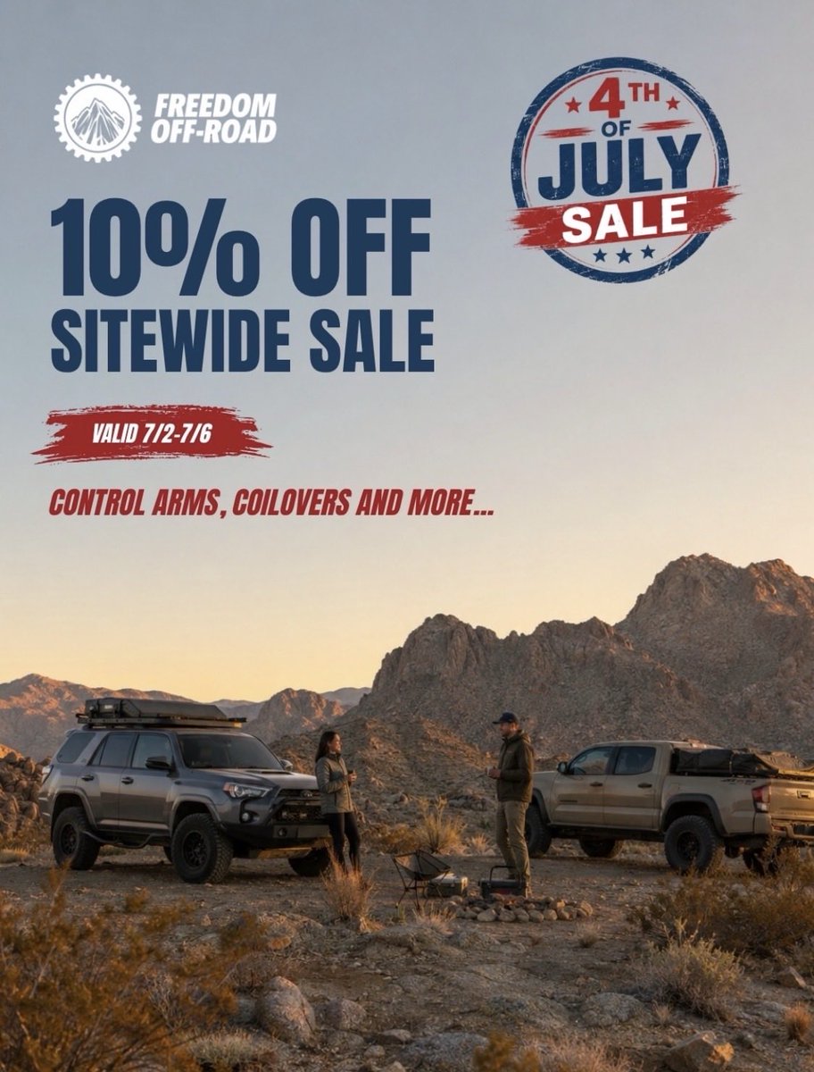 FREEDOMOFF_ROAD's tweet photo. 250 years of exploring the land of the free. 🇺🇸⛰️

Gear up for the next adventure with the Freedom Offroad America 250 Sale. Major savings on lift kits, control arms, and coilovers sitewide.

Claim your discount before it's gone: https://t.co/TKxqw0hhEw

#America250 #4thofJuly https://t.co/CMqexqS4Ve