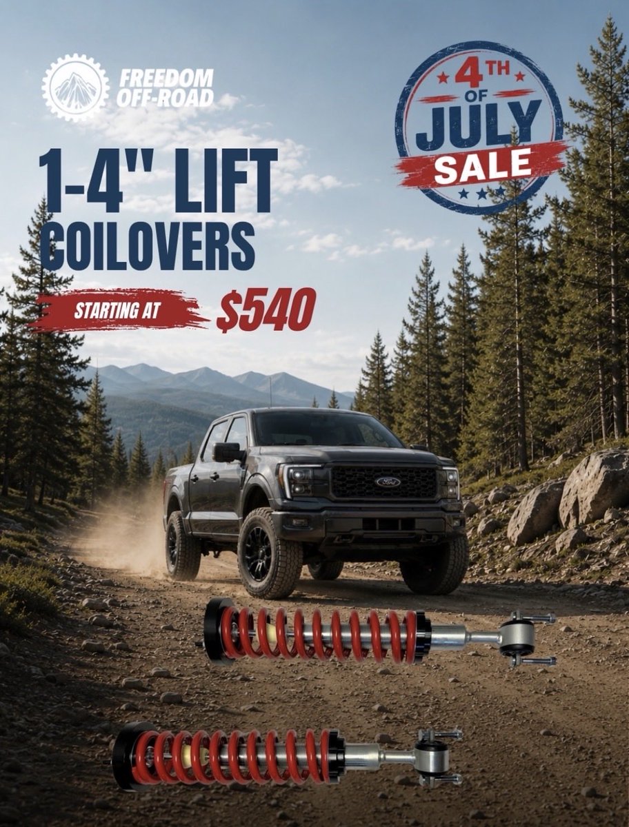 FREEDOMOFF_ROAD's tweet photo. 250 years of exploring the land of the free. 🇺🇸⛰️

Gear up for the next adventure with the Freedom Offroad America 250 Sale. Major savings on lift kits, control arms, and coilovers sitewide.

Claim your discount before it's gone: https://t.co/TKxqw0hhEw

#America250 #4thofJuly https://t.co/CMqexqS4Ve