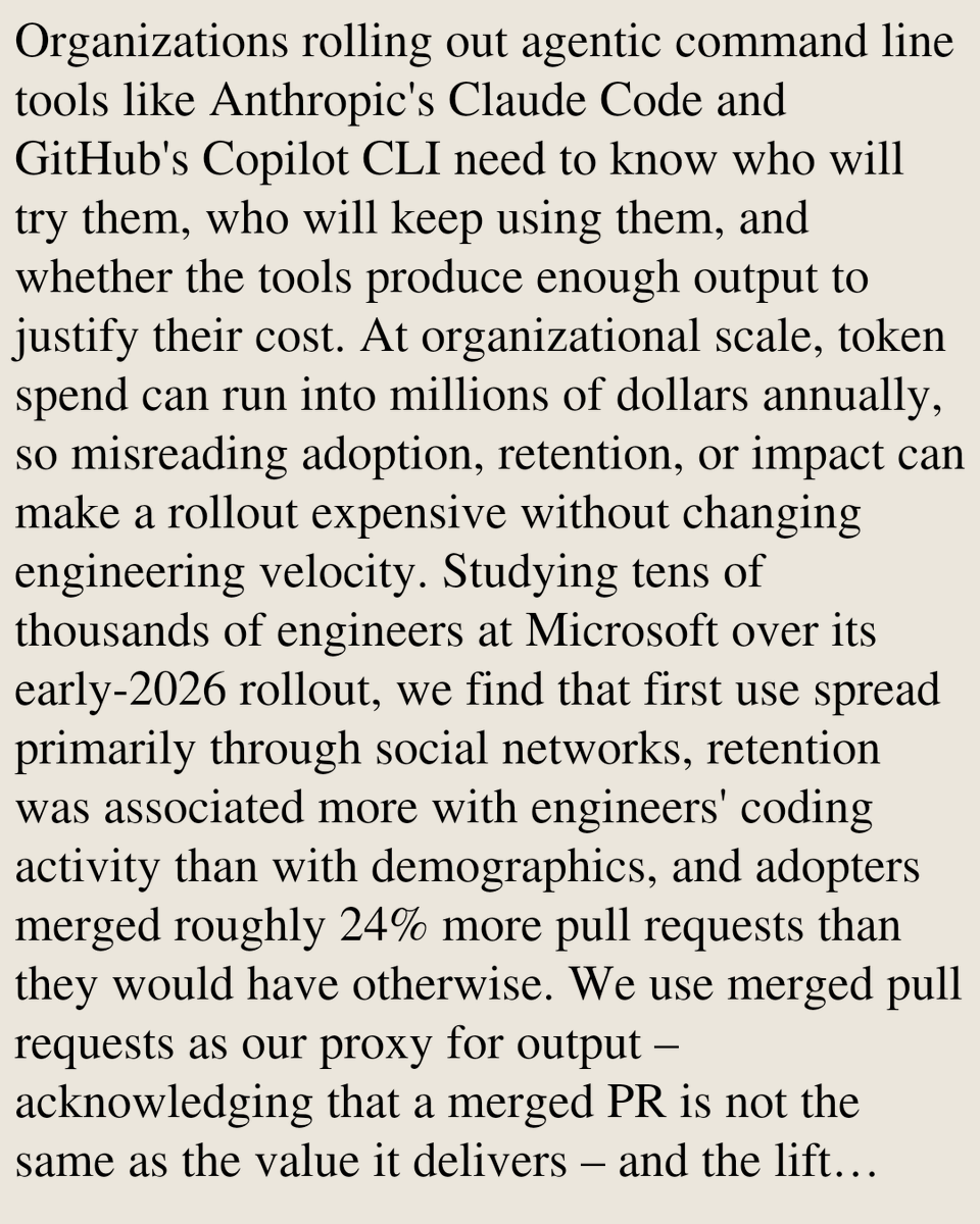 Paper abstract screenshot summarizing Microsoft rollout findings for Claude Code and GitHub Copilot CLI, including a roughly 24 percent pull-request lift