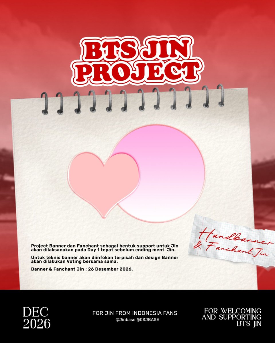 JinBase_'s tweet photo. Handbanner Project & Fanchants ⏳

Sebagai bentuk dukungan dan apresiasi kepada Kim Seokjin atas kerja kerasnya, mengisi momen momen ARMY dengan Run Jin, Run Seokjin Ep Tour, Variety Show, Album Happy, Album Echo, dan lain lain. 

Project Handbanner ini sudah melalui berbagai koordinasi dengan fanbase BTS lainnya, dan akan di laksanakan pada hari pertama konser (Day 1) 26 Desember 2026, tepat sebelum ment akhir Seokjin. 

Nantinya design Handbanner ini akan dipilih melalui voting oleh teman teman ARMY💜

Project ini juga berkolaborasi dengan @KSJBASE dalam pelaksanannya. Lets give the best for Kim Seokjin✨

#Jin #진 #방탄소년단진 #BTSJIN
#BTS_WORLDTOUR_ARIRANG
#BTS_WORLDTOUR_ARIRANG_JAKARTA