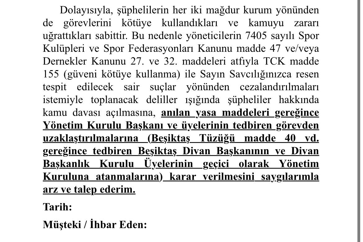 AkerCitak's tweet photo. 7405 sy. K. ve Dernekler K. ile TCK kapsamında suç işlenmiştir.

Genel kurul üyesi olsun olmasın bütün Beşiktaş taraftarlarını, aşağıdaki örnek taslak metin çerçevesinde savcılığa suç duyurusunda bulunmaya davet ediyorum. Metinde dilediğiniz ekleme ve çıkarmaları yapabilirsiniz. https://t.co/H9gp3LQ56b