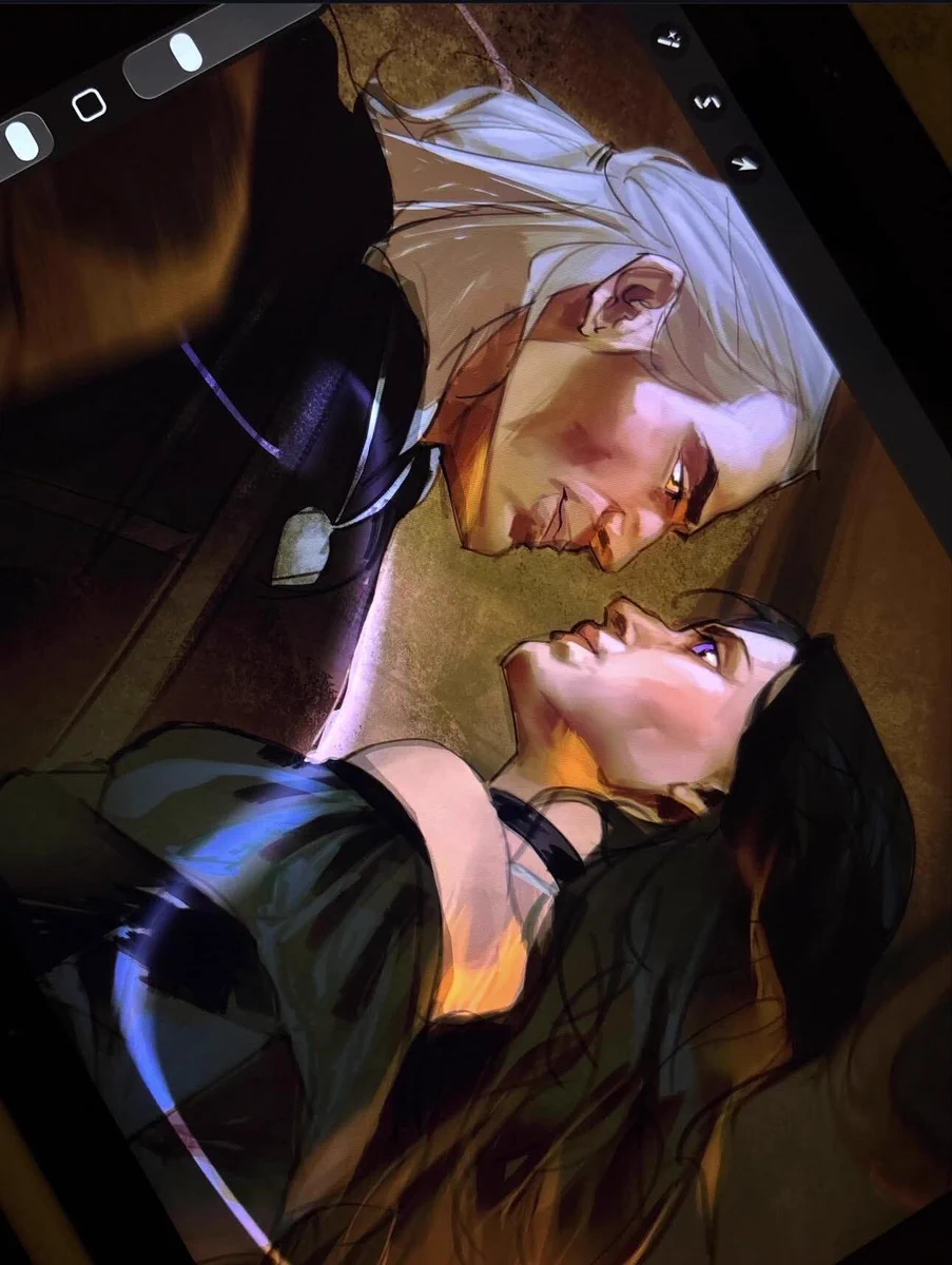 Digital painting of Geralt of Rivia and Yennefer from The Witcher 3: Wild Hunt, shown in close-up. Geralt leans over Yennefer as they gaze into each other's eyes. Both are dressed in black, and Geralt wears the wolf medallion around his neck. Geralt's white hair is tied back, while Yennefer's long black hair spreads behind her. Warm light illuminates their faces against a brown background.