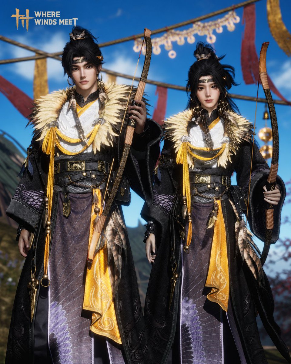 WhereWindsMeet_'s tweet photo. Two new appearances arrive on July 6 (UTC)!
🌟New Appearance: Falcon's Fledge 
Feathers chase the clouds in sweeping flight, as the blade's spirit ascends to heaven's height. 
🌟New Dual Blades Appearance: A Reel Honor
The wanderer's road is long and wide, but a "reel" friend is always by your side.
#WhereWindsMeet