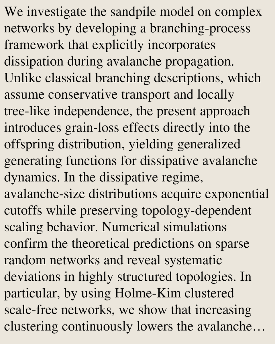 StatMechanics's tweet photo. Sandpile Models on complex networks

Komlan Fiagbe, Jean-François de Kemmeter, Timoteo Carletti
https://t.co/hjGRXPk80Z [𝚌𝚘𝚗𝚍-𝚖𝚊𝚝.𝚜𝚝𝚊𝚝-𝚖𝚎𝚌𝚑 𝚗𝚕𝚒𝚗.𝙰𝙾] https://t.co/0RrICSwOUY