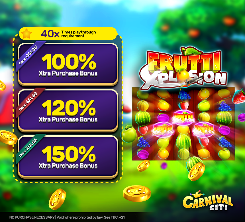 CarnivalCiti's tweet photo. New Game Just Released! ๐ FRUTTI XPLOSION ๐
โญ XTRA PURCHASE BONUS โญ
Time again! Claim all these Bonus Codes
Play Here >> https://t.co/NhRgJzgm4z << Enjoy!
#onlinecasino #latestbonuscodes #slots #jackpot #freeslots #playslots #slotmachine #casinonearme https://t.co/vm4GukzZkN