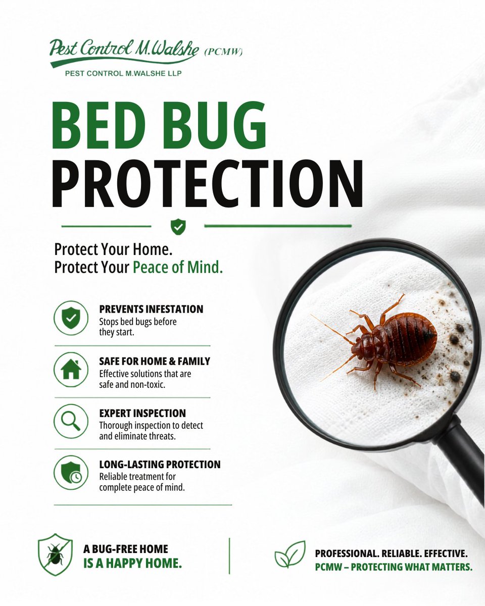 PCMWalshe's tweet photo. 🛏️ Bed bugs can spread fast—but so can the right solution.Protect your home or business with professional bed bug inspections and long-lasting treatments from https://t.co/mhsM0tVoL6 .
#BedBugControl #PestControl #PCMW #HomeProtection #PestManagement #ProtectWhatMatters https://t.co/gDL6rfynaE