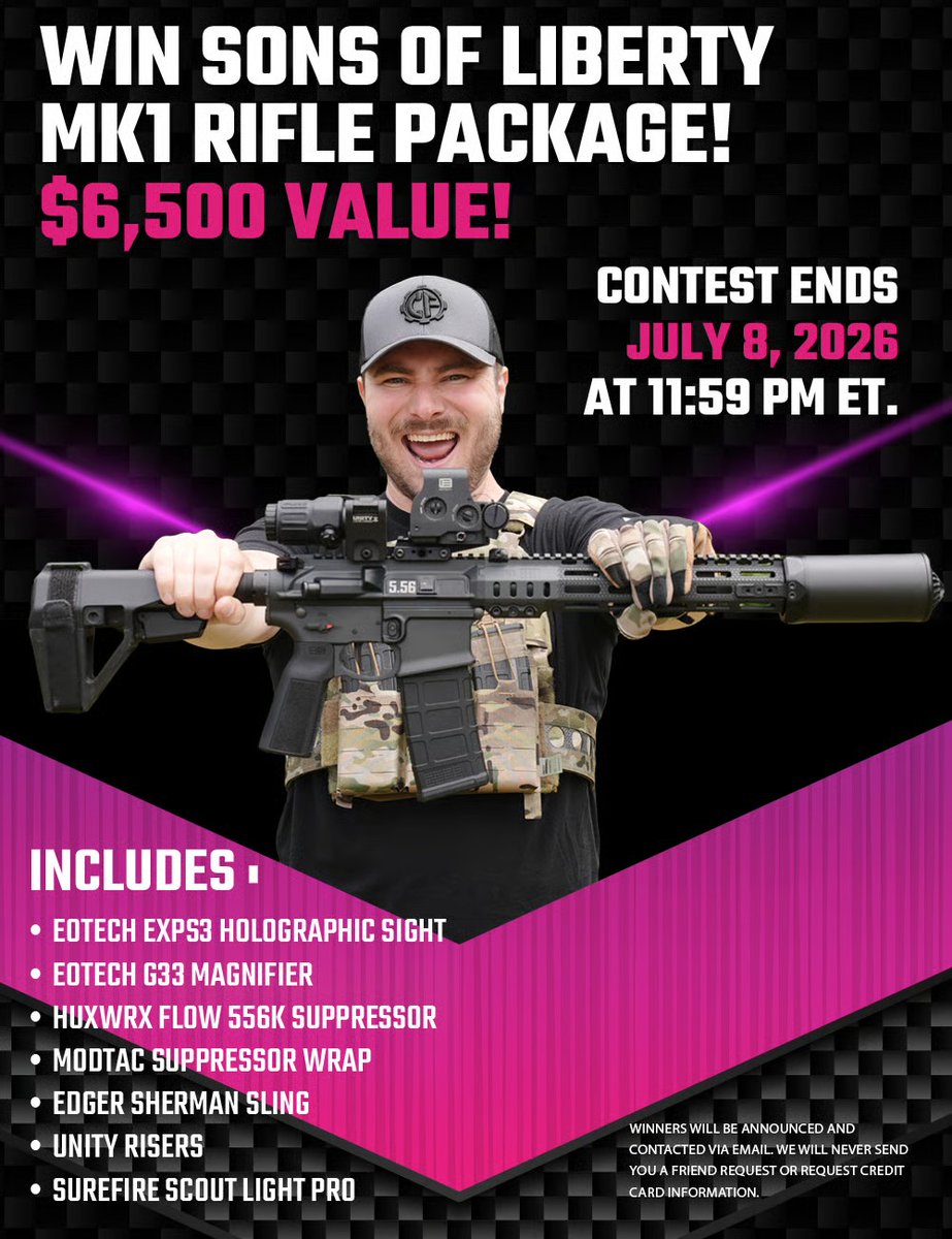 2AGawlinks's tweet photo. Enter to win the Sons of Liberty MK1 Rifle package
Enter Here: https://t.co/U9mmrn7sUO
#giveaway #GunGiveaway #contest #contestalert #sweepstakes #FreeGun #winagun #2a #2aShallNotBeInfringed #2ndAmendment #RepealTheNFA #RepealTheGCA #AbolishTheATF #suppressor #silencer https://t.co/IJxKRs7K3c
