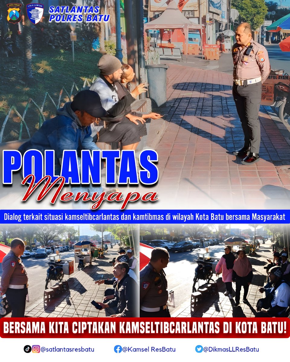 DikmasLLResBatu's tweet photo. POLANTAS MENYAPA 🚔🤝

Mari bersama wujudkan budaya tertib berlalu lintas dan saling peduli demi keselamatan bersama.

Bersama Kita Ciptakan Kamseltibcarlantas di Kota Batu!🚦💙

Jumat, 3 Juli 2026

#SatlantasPolresBatu #PolantasMenyapa 
#PolriUntukMasyarakat #Kamseltibcarlantas https://t.co/P5O1zbiRAO