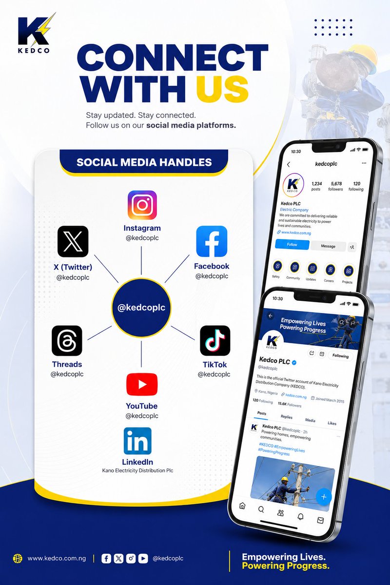 kedcoplc's tweet photo. Connect with us on all our official social media platforms and never miss important updates, power information, service support, and more.

Follow @Kedcoplc today and stay connected wherever you are.

#KEDCO 
#EmpoweringLives 
#PowerInYourHands 
#StayConnected https://t.co/goL5wYab7f