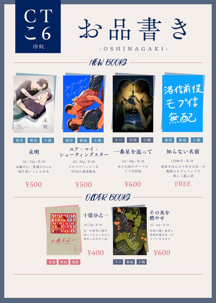 masurao36's tweet photo. 7/4-6レカペ【CT-こ6】のお品書きです！
洛信・信洛・同軸リバなんでもござれの無法地帯サークルですが、今回は洛信でスペースいただいており洛信が比較的多めです。

ムで出したかもさん（@penet_07 ）との水上小屋リバ合同誌もあります！
あと洛信前提モブ信の無配があります（！？） https://t.co/TkbRDziKMg